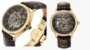Titan Nebula Art Deco 18k Gold Skeleton Automatic Swiss calibre Leather Strap Watch for Men