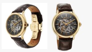 Titan Nebula Art Deco 18k Gold Skeleton Automatic Swiss calibre Leather Strap Watch for Men